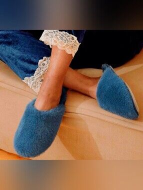 J. Crew Plush Blue Faux Fur Slip-On Slippers US 10
